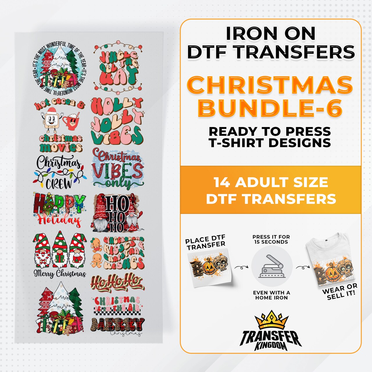 Iron on DTF Transfer Christmas Bundle 6 - 14 Best Seller T-shirt Designs Ready To Press